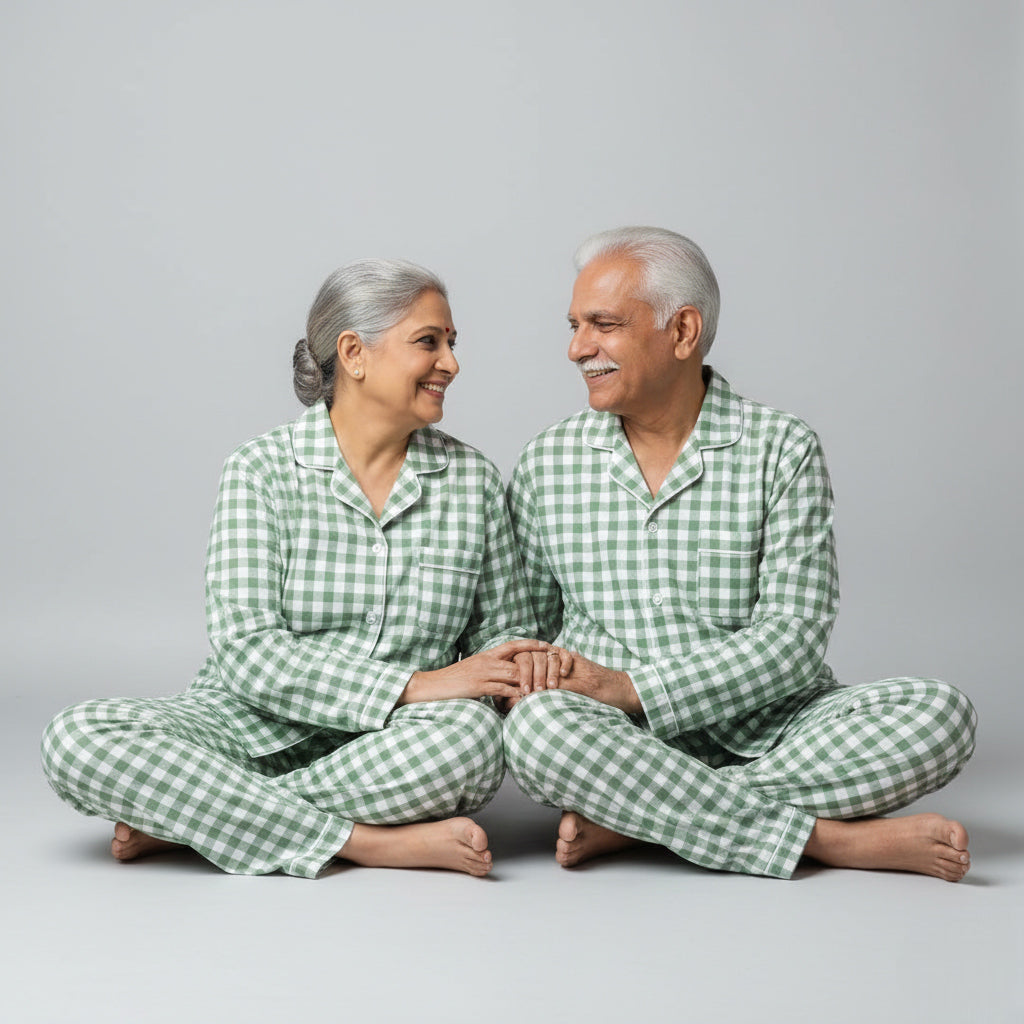 Elderly couple wearing green gingham matching pajama set, timeless coordinated nightwear.