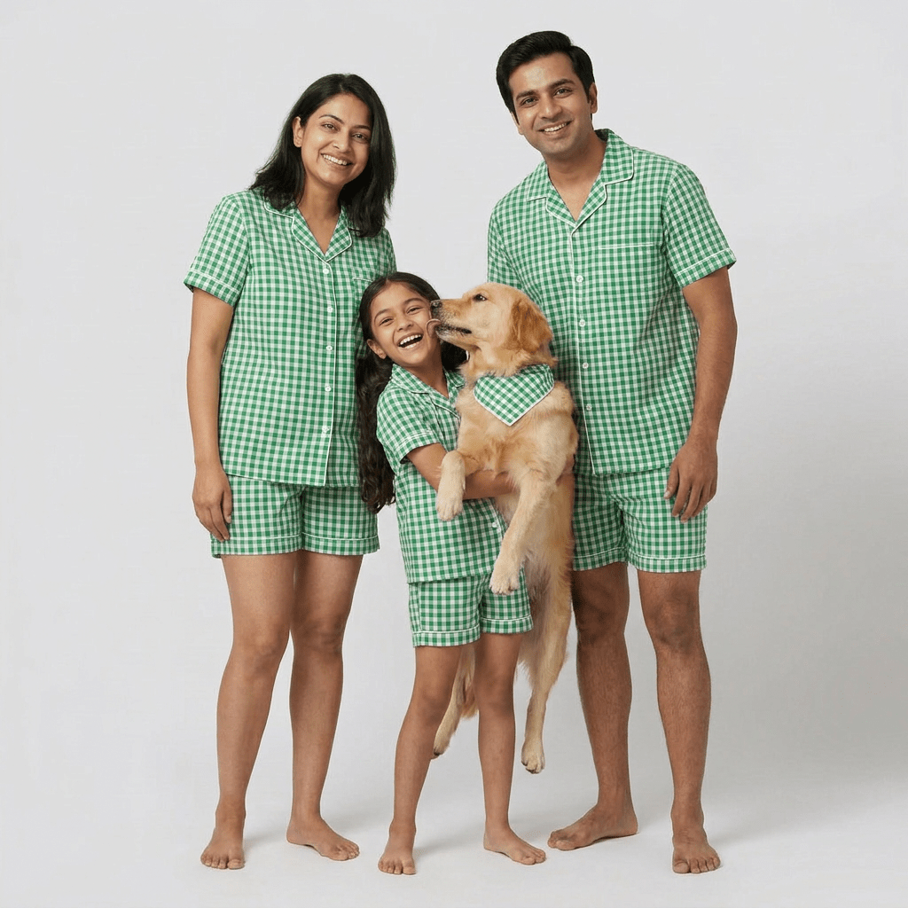Mom, dad and the kids twinning in Green Gingham Pup shorts set by Pajama Tribe