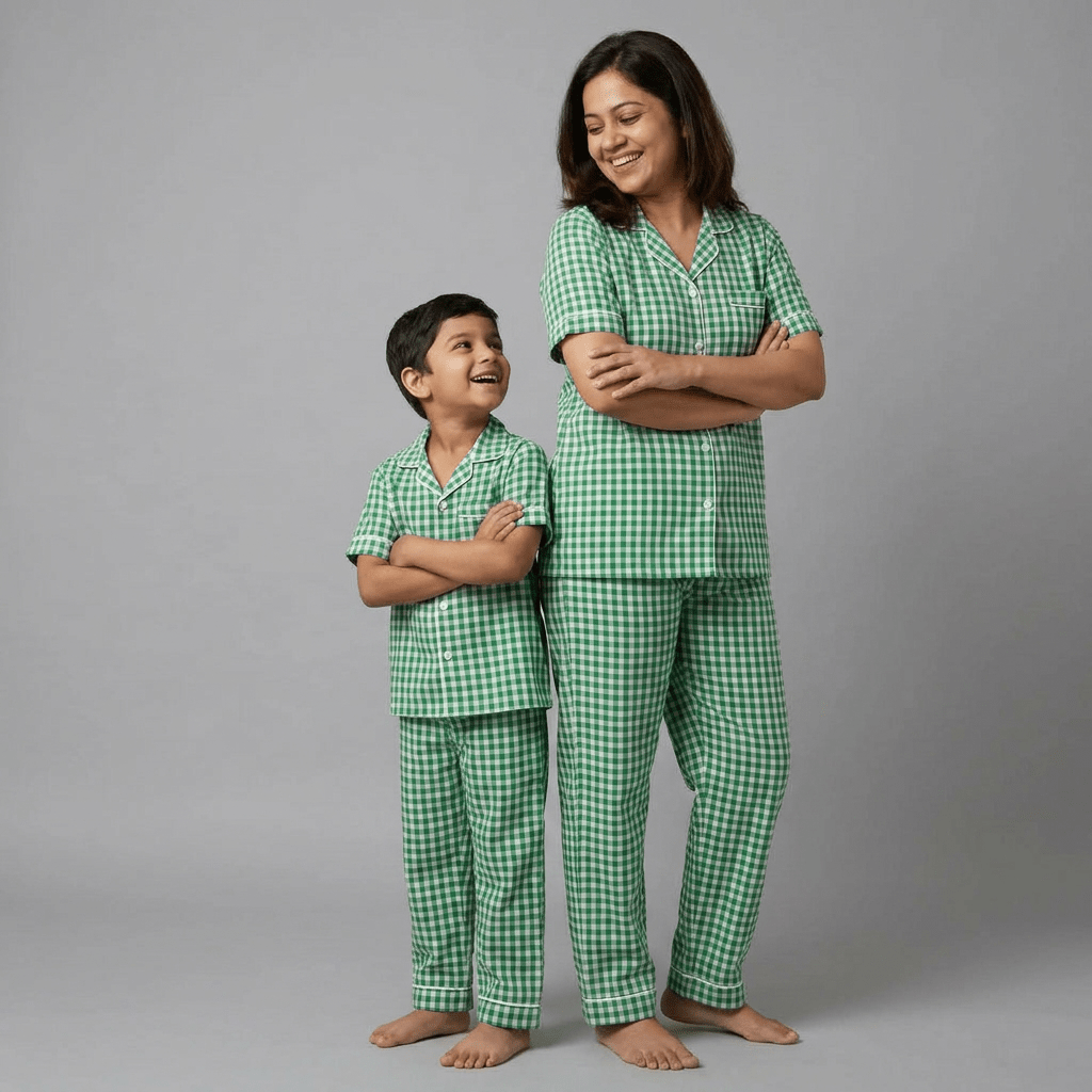 Matching Green Gingham half-sleeve night suit for mumma and her little man