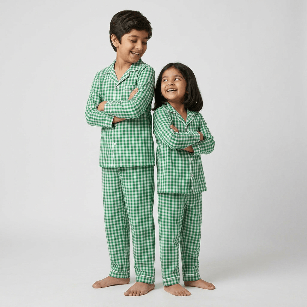 Green Gingham brother sister night suit worn together