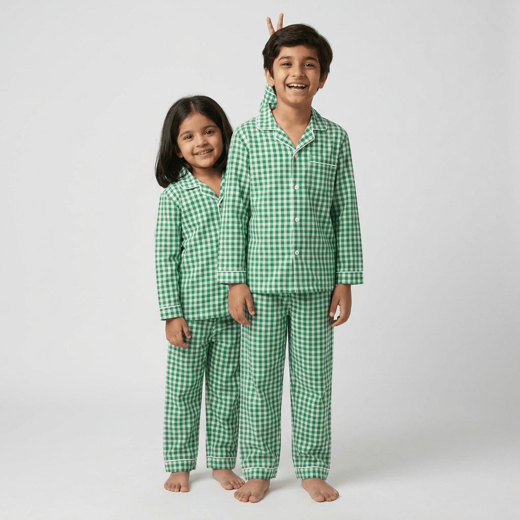 Matching Green Gingham full-sleeve night suit for the siblings