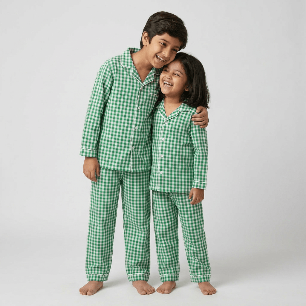 Bro and sis twinning in Green Gingham full-sleeve night suit by Pajama Tribe