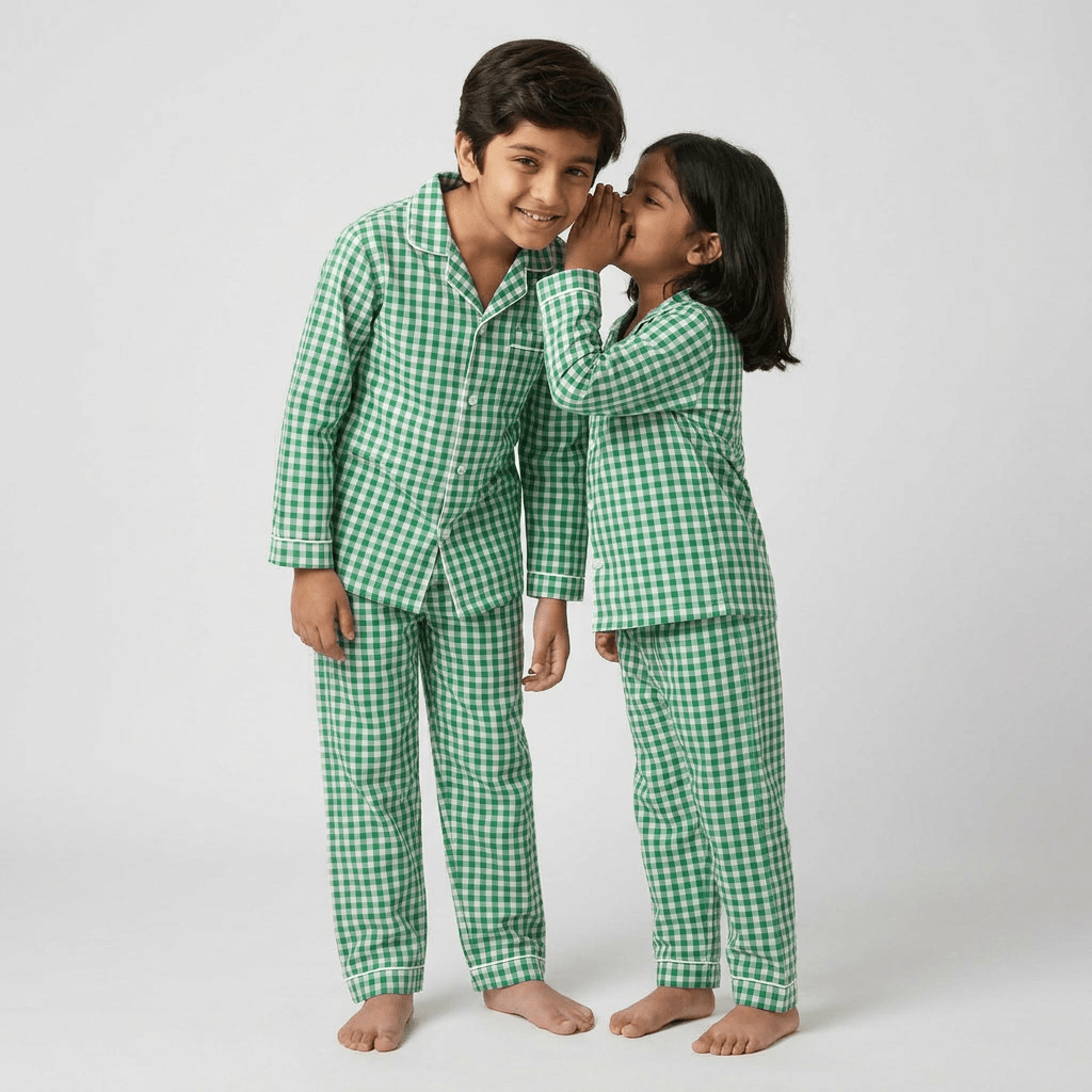 Green Gingham matching full-sleeve night suit for big sib and little sib, styled together