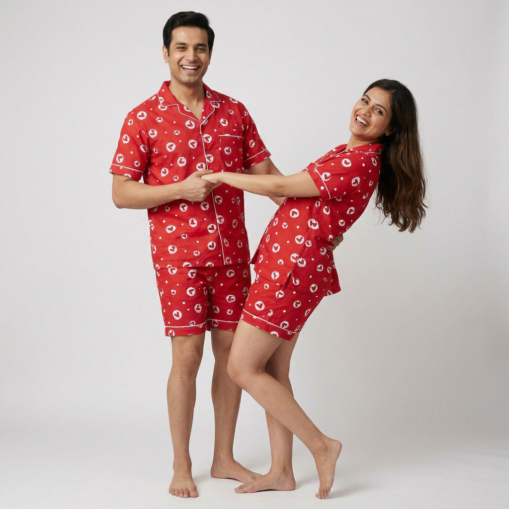 Him and her in matching Handpainted Heart Dots night suit