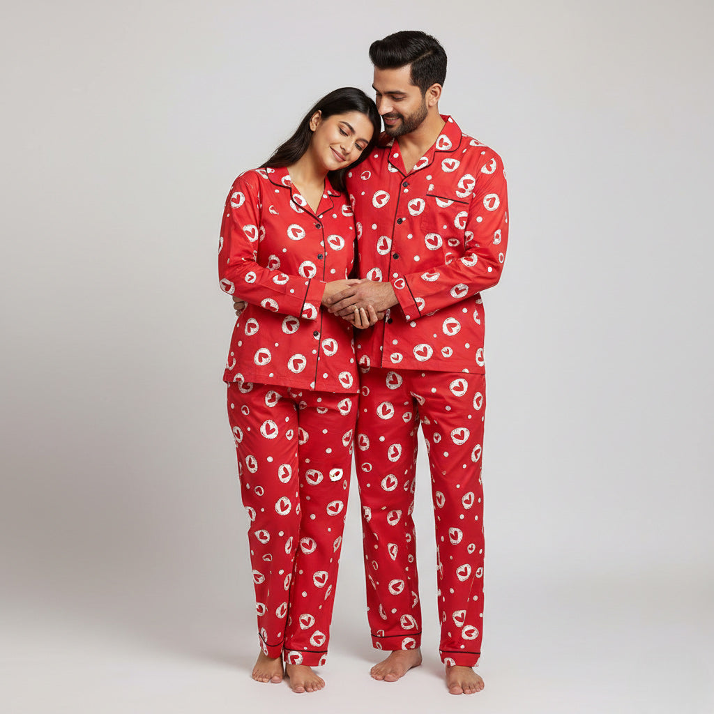 Handpainted heart dot couple pajamas shown as matching nightwear set