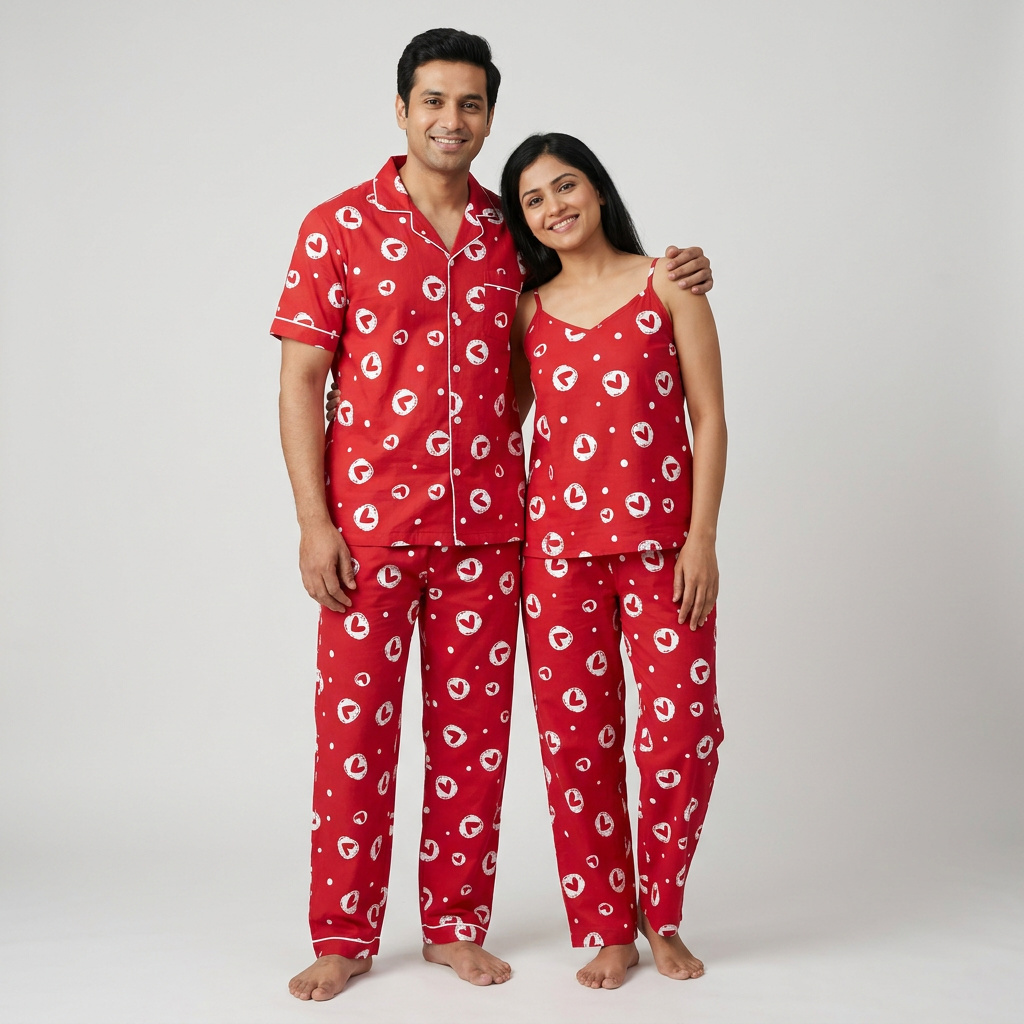 Handpainted Heart Dots matching night suit for husband and wife, styled together