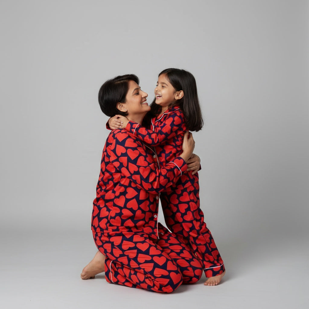 Mother and daughter wearing heart print matching pajamas, sweet coordinated sleepwear.