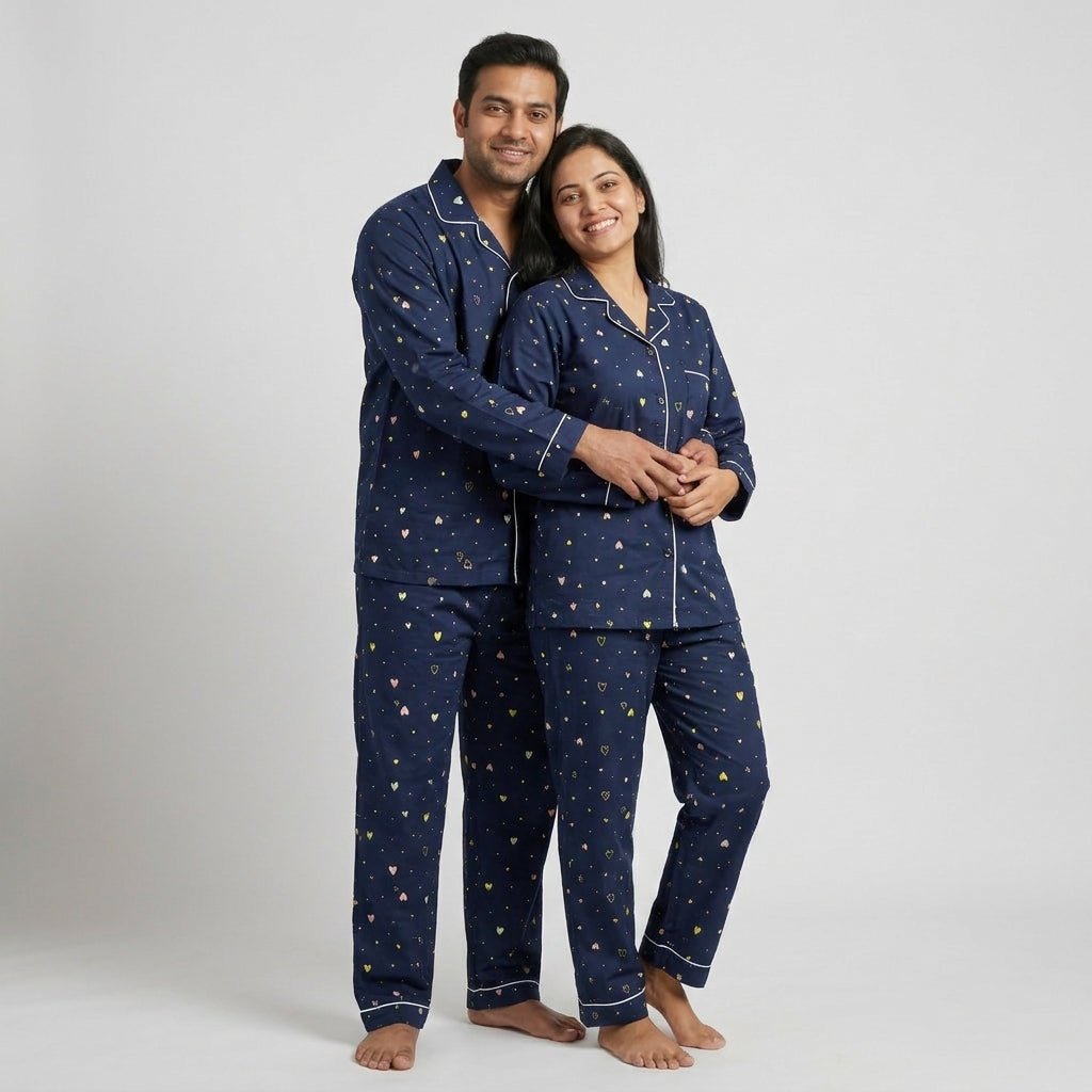 Husband and wife twinning in Hearty Delight full-sleeve night suit by Pajama Tribe