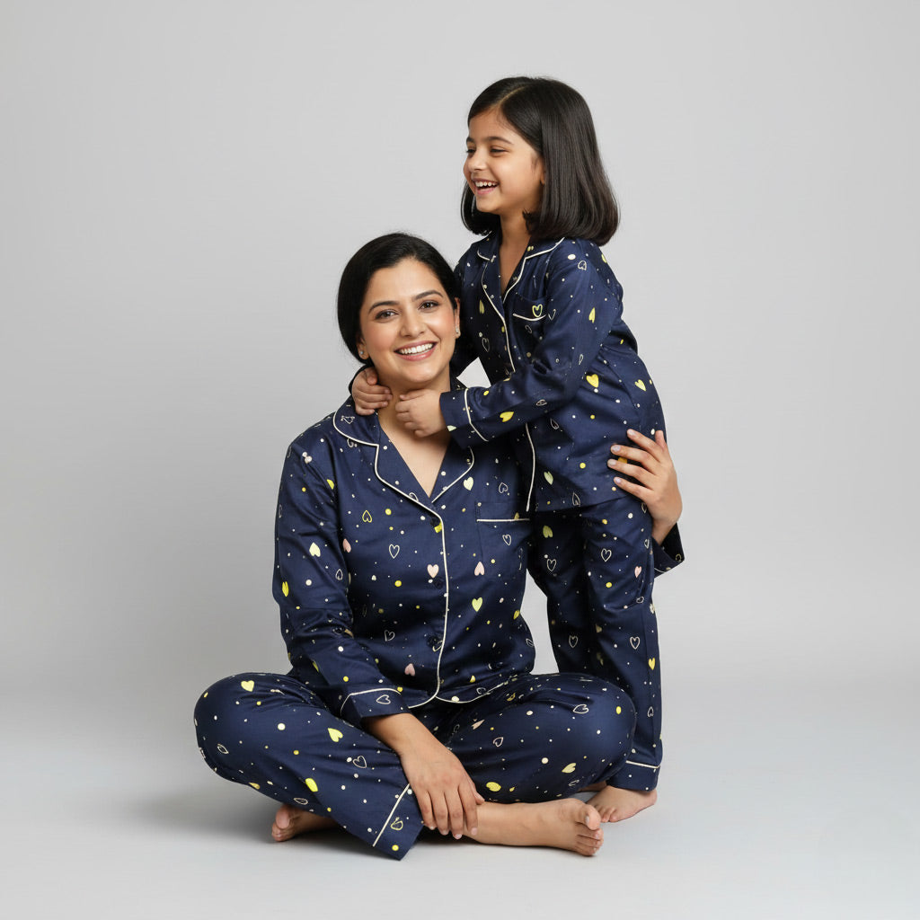 Mother and daughter in Hearty Delight matching pajamas, warm heart-print coordinated look.