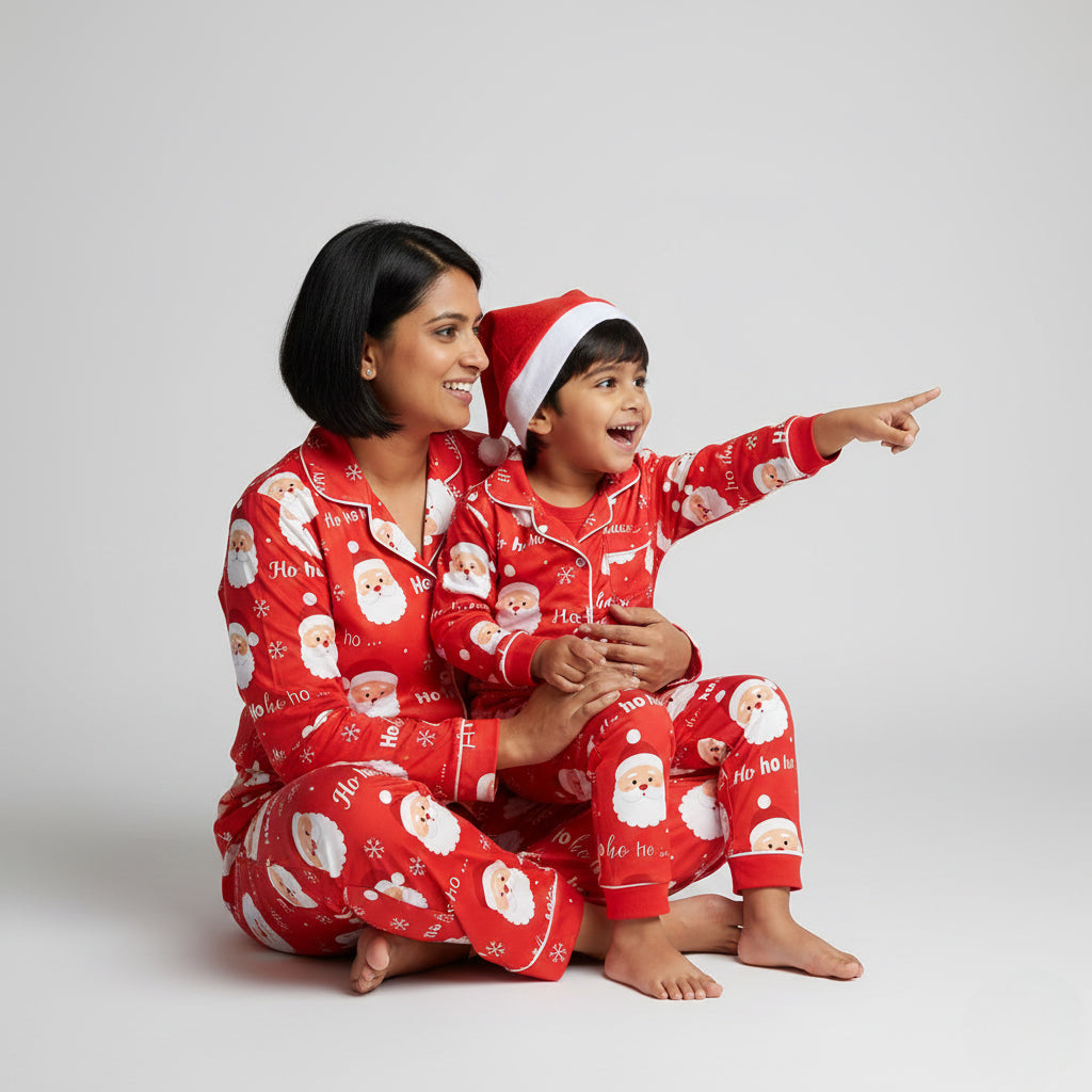 Mother and son in Ho Ho Ho Santa matching pajamas, festive Christmas coordinated look.