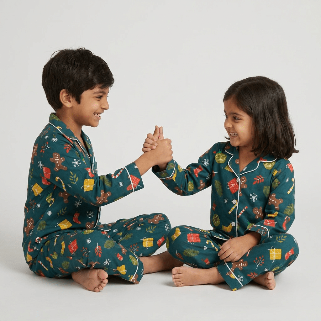 Matching Holiday Celebrations full-sleeve night suit for brother and sister