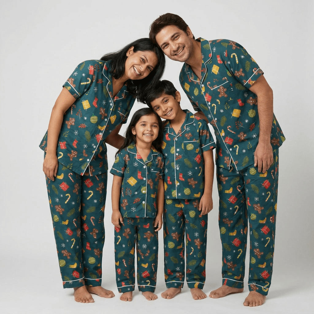Holiday Celebrations matching family pajamas worn together