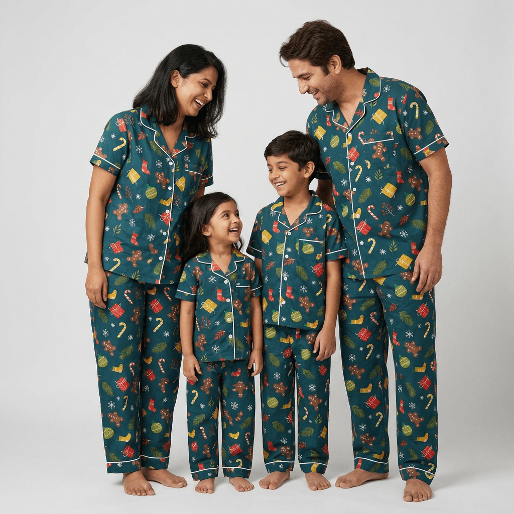 Mom, dad and the kids twinning in Holiday Celebrations half-sleeve night suit by Pajama Tribe