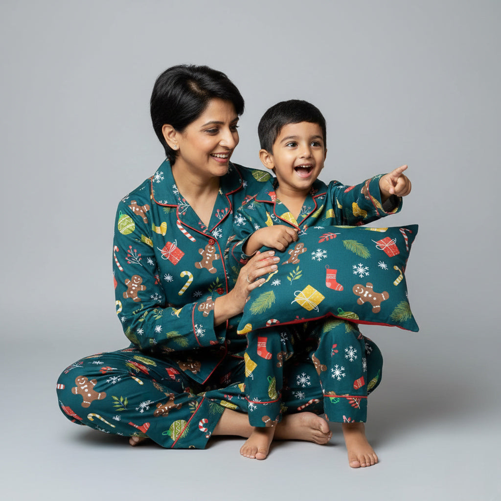 Mother and son wearing Holiday Celebrations matching pajamas, festive coordinated nightwear.