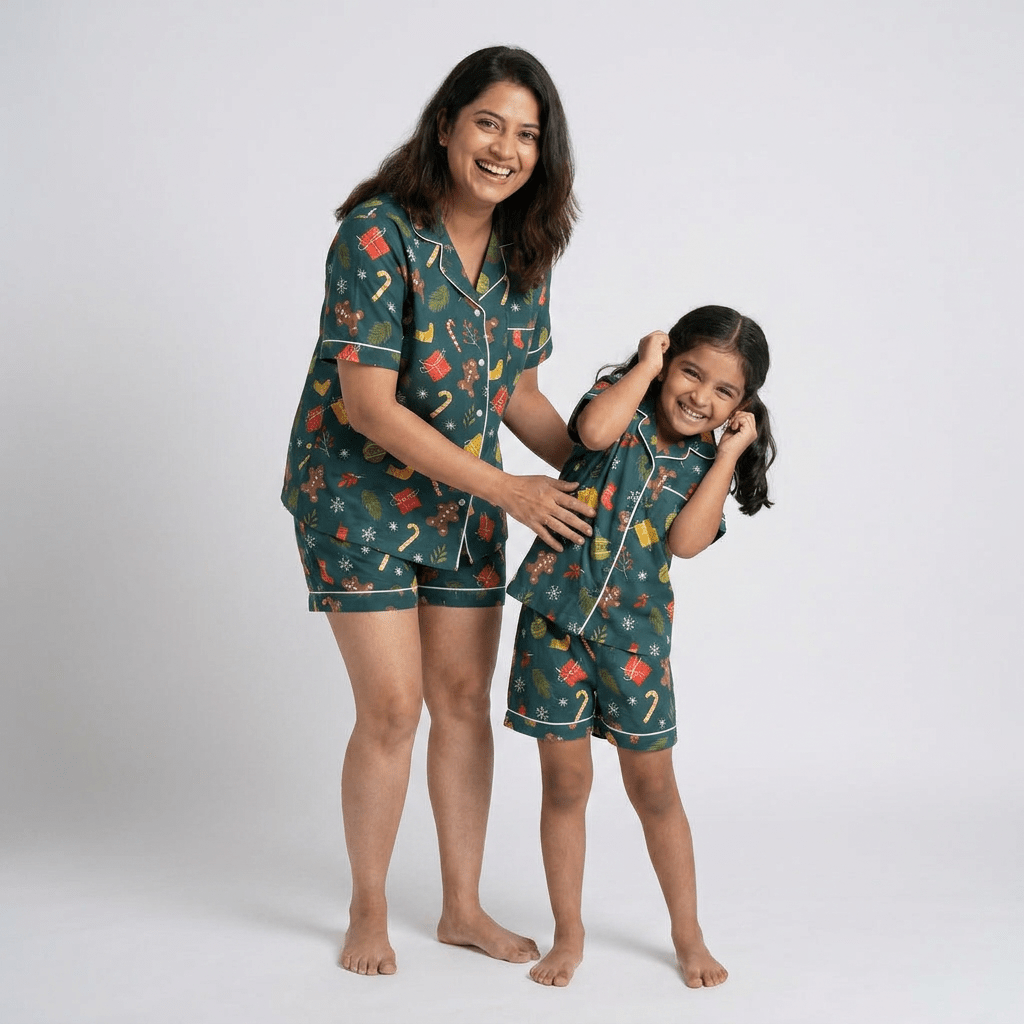 Mumma and her girl twinning in Holiday Celebrations shorts set by Pajama Tribe