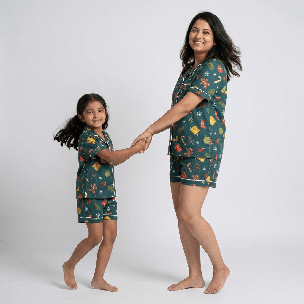 Mother and daughter in matching Holiday Celebrations shorts set