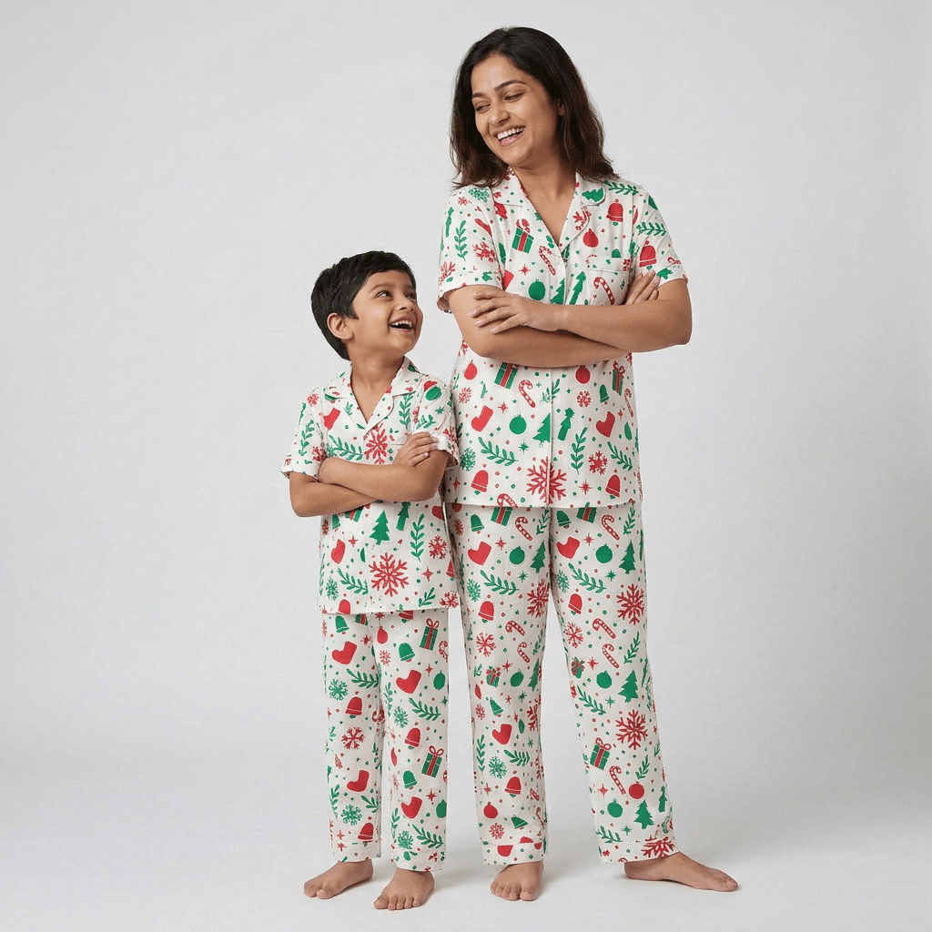 Mom and son in matching Holiday Cheer half-sleeve night suit