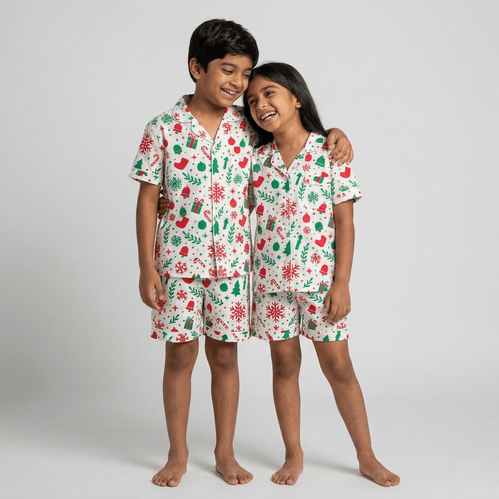 The siblings twinning in Holiday Cheer shorts set by Pajama Tribe