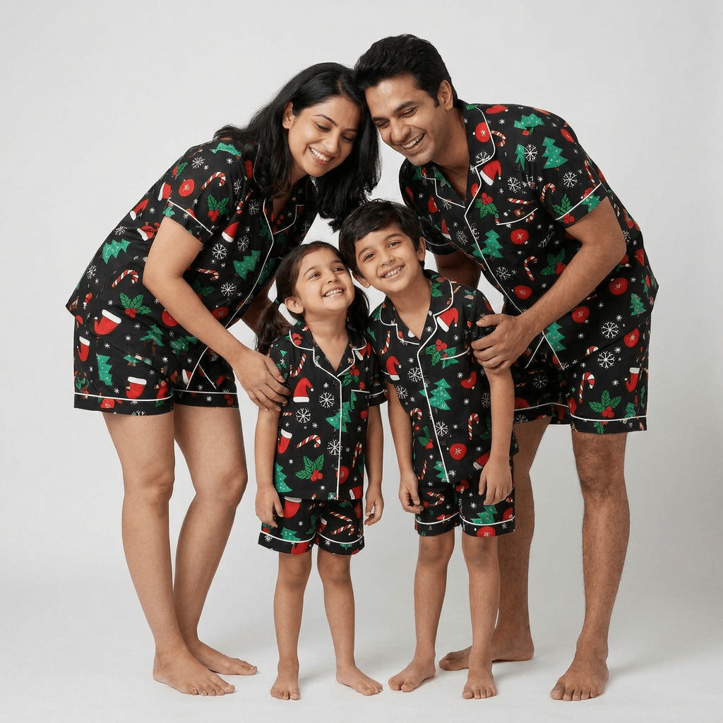 Holly Jolly family matching nightwear worn together