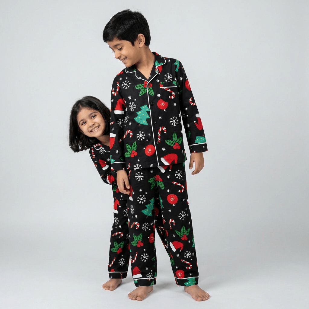 Bro and sis twinning in Holly Jolly full-sleeve night suit by Pajama Tribe