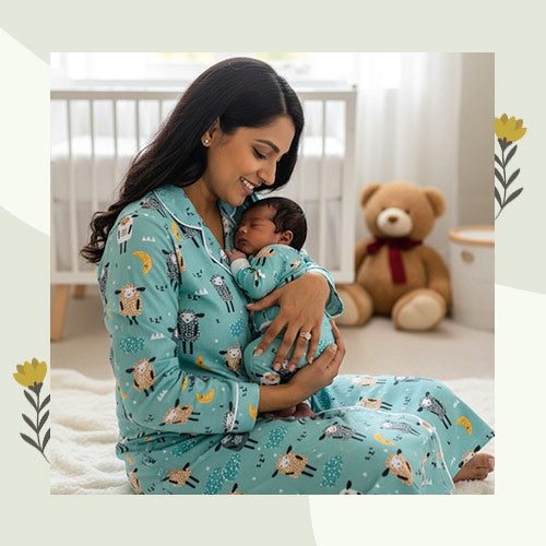 Woman in matching pajama sets holding a baby in a nursery with a teddy bear in the background.