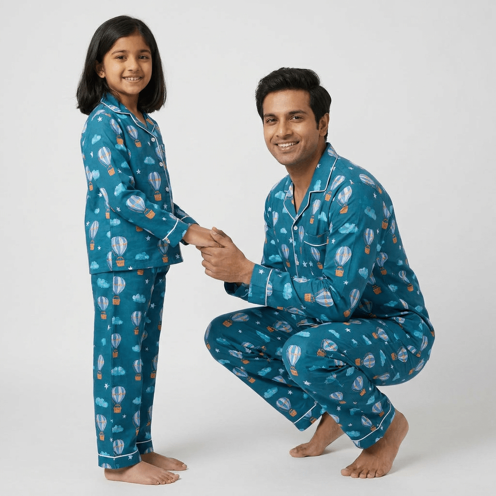 Hot Air Balloon matching full-sleeve night suit for daddy and his little girl, styled together