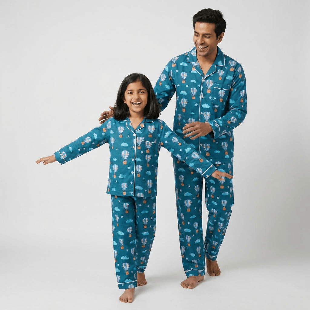 Papa and his girl in matching Hot Air Balloon full-sleeve night suit