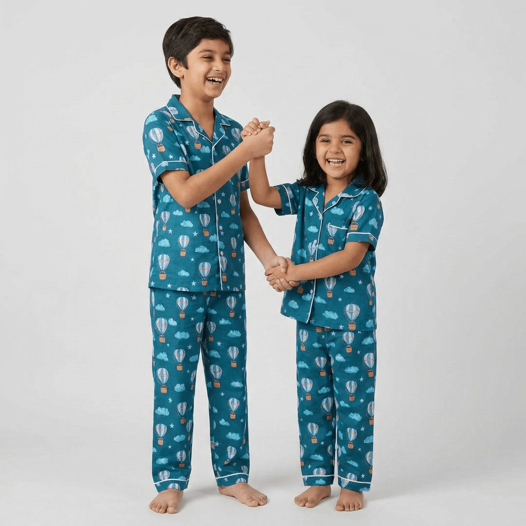 The siblings in matching Hot Air Balloon Picnic half-sleeve night suit