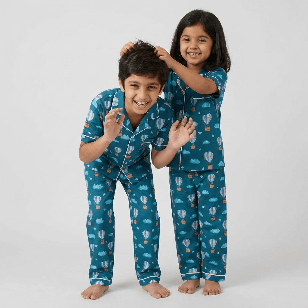 Hot Air Balloon Picnic matching half-sleeve night suit for big sib and little sib, styled together