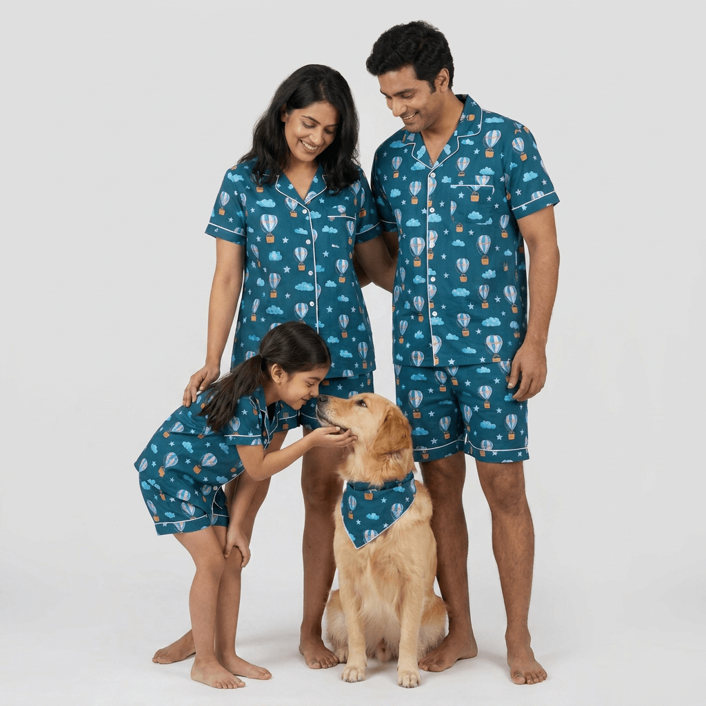 Hot Air Balloon Picnic matching shorts set for mom, dad and the kids, styled together