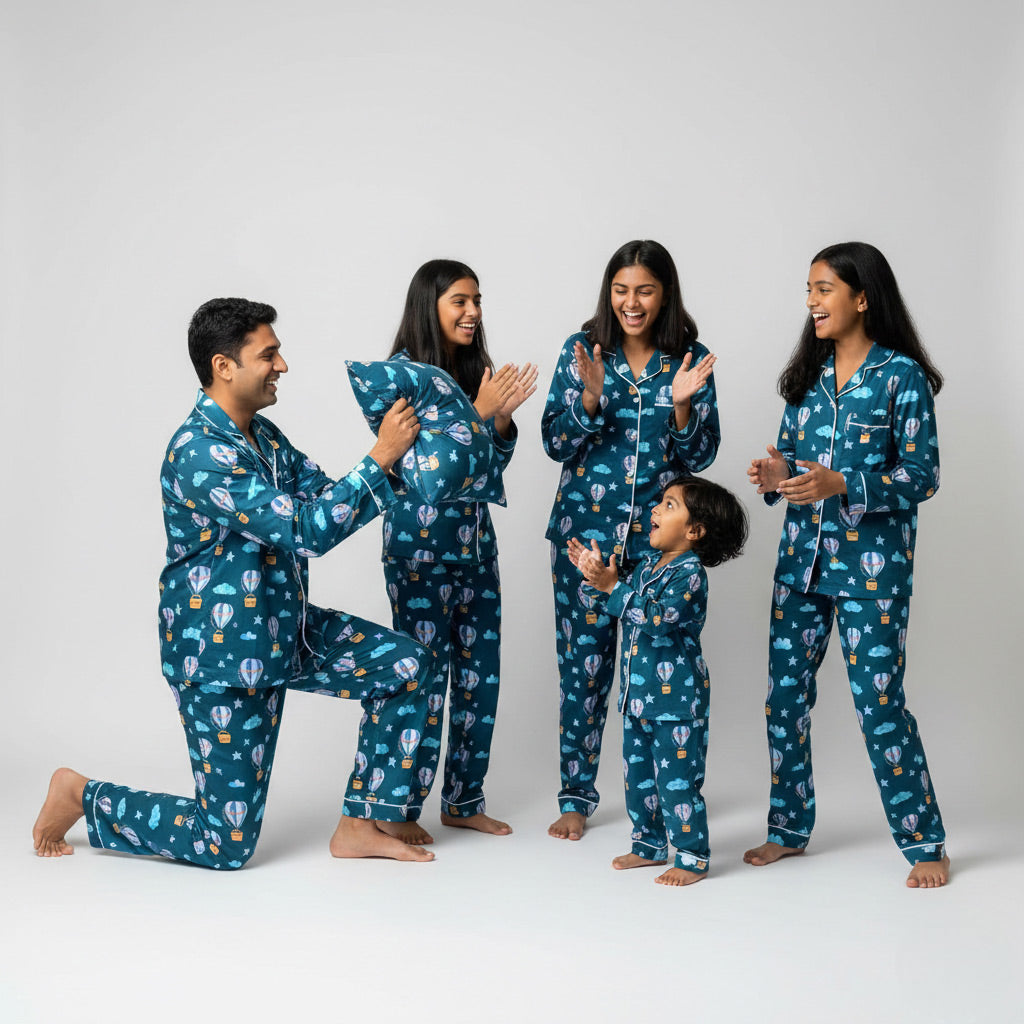 Family wearing hot air balloon matching pajamas, whimsical coordinated print.