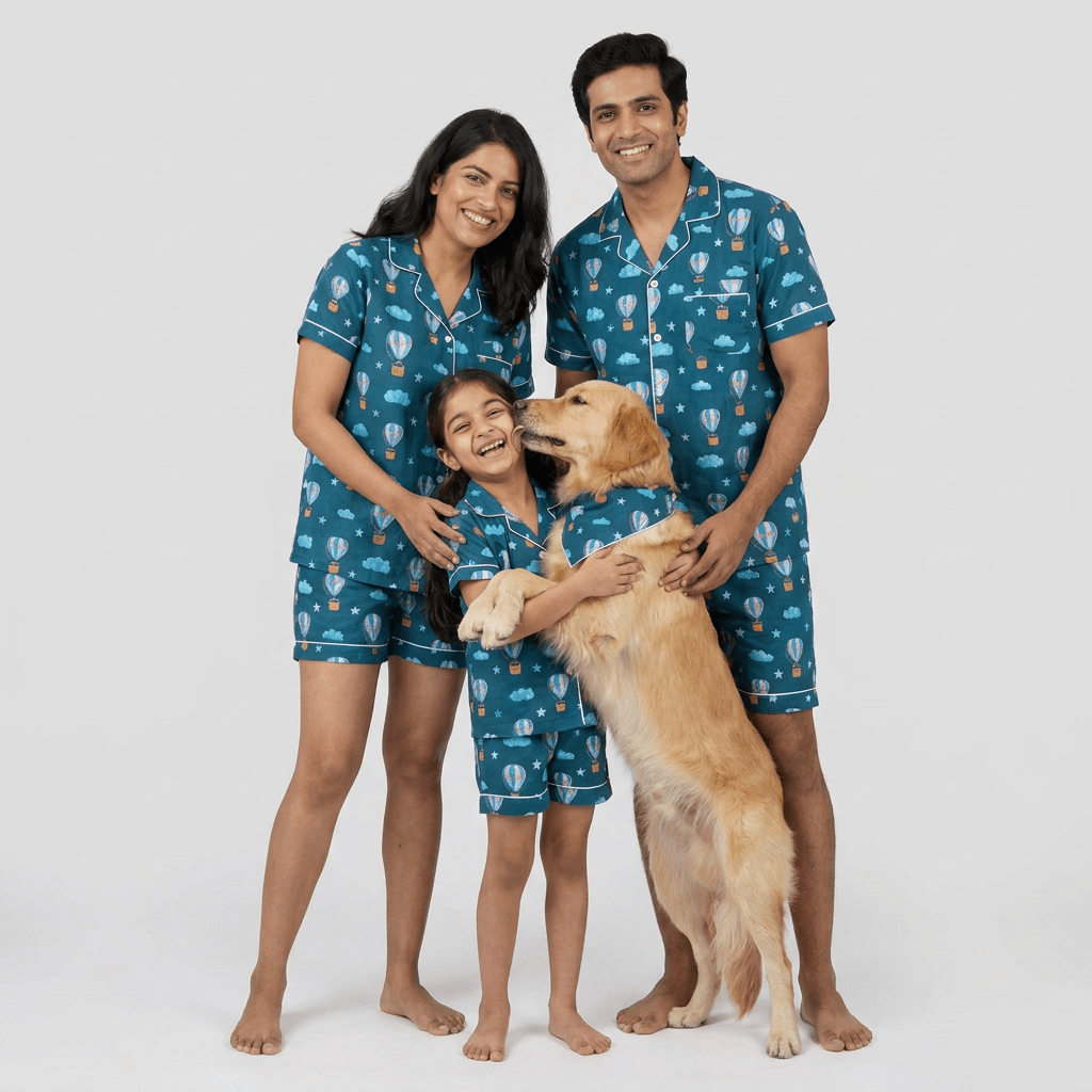 Parents and kids in matching Hot Air Balloon Picnic shorts set