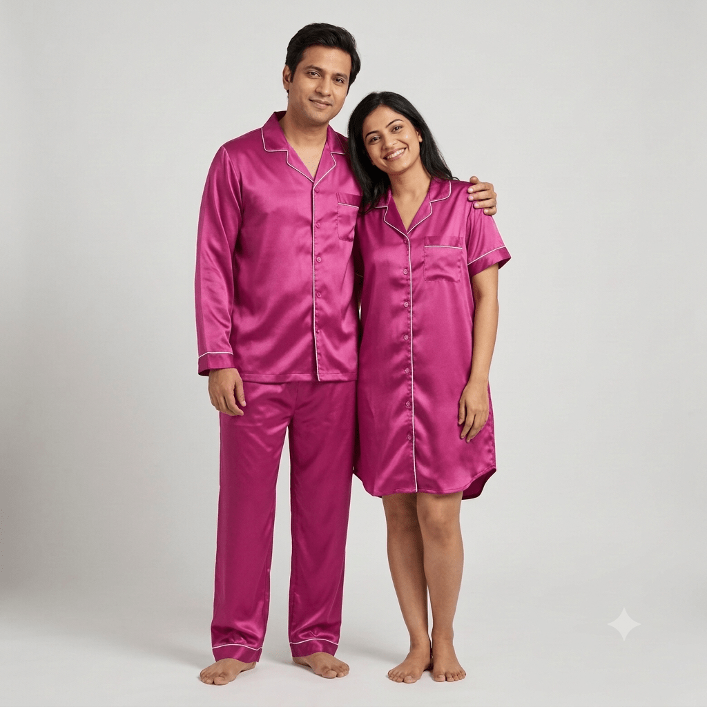 Him and her twinning in Hot Pink Satin night suit by Pajama Tribe