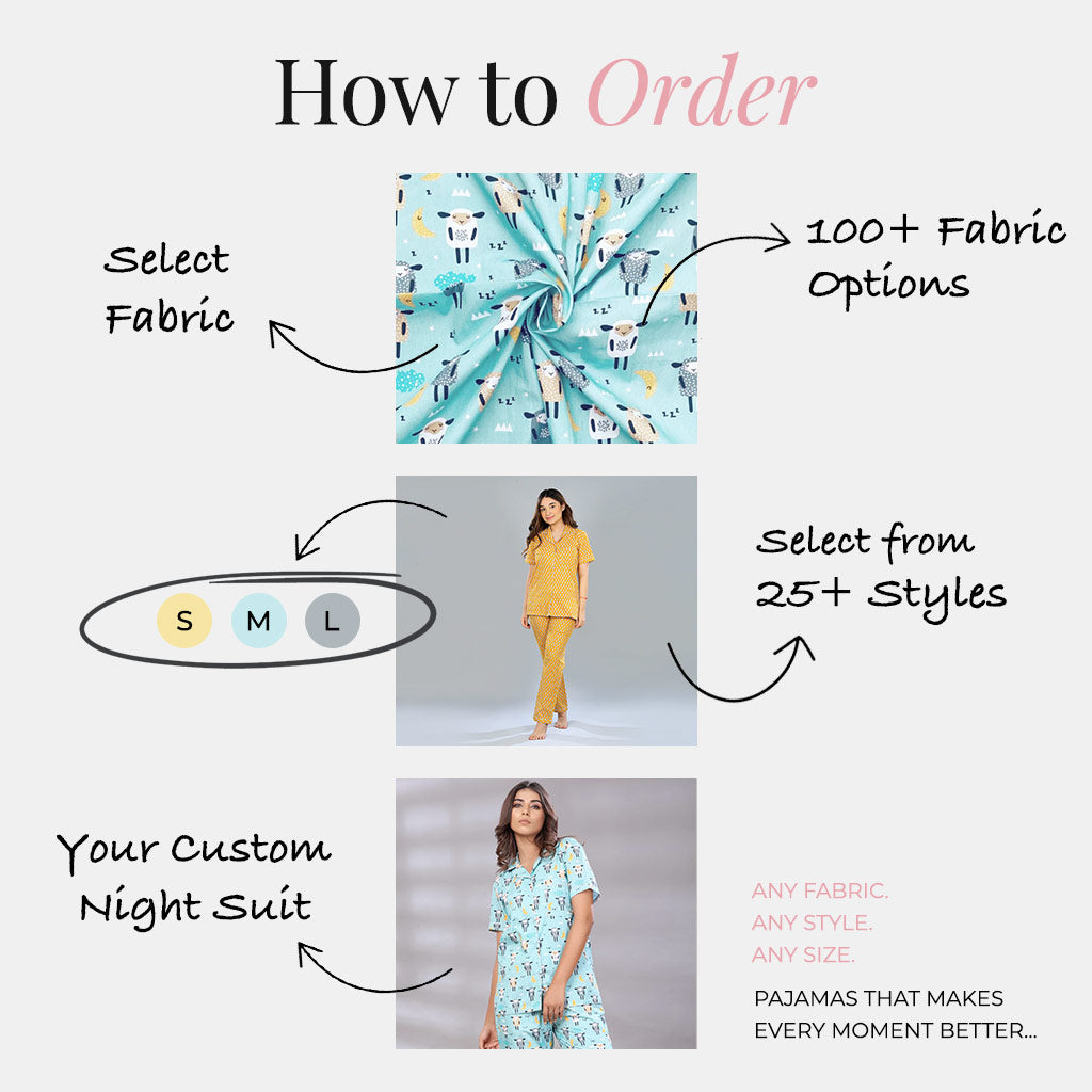 Diagram showing how to order a custom night suit with fabric selection and size options.