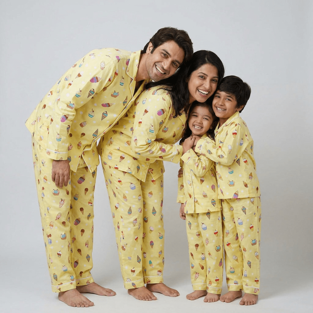 Ice Cream Cupcake matching full-sleeve night suit for the whole family, styled together