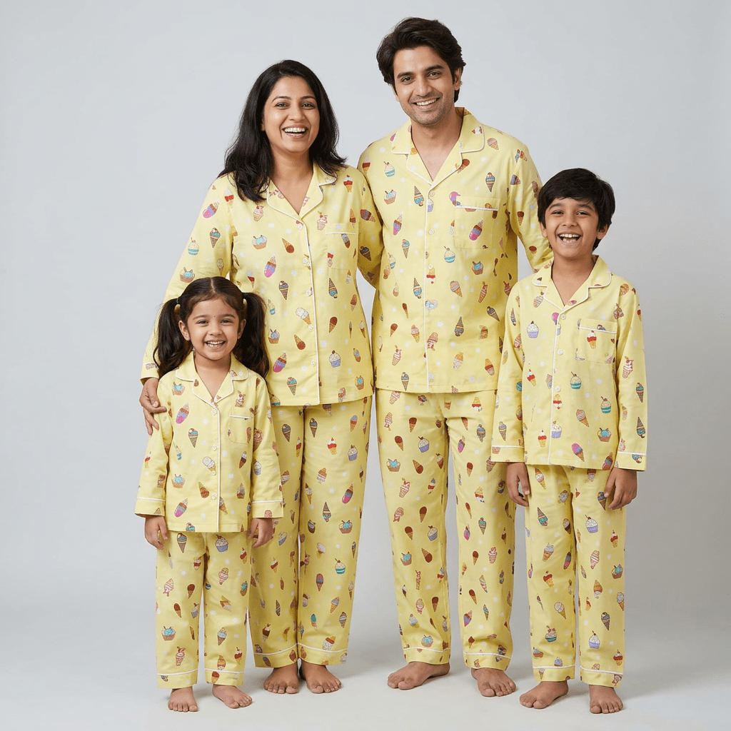 Mom, dad and the kids twinning in Ice Cream Cupcake full-sleeve night suit by Pajama Tribe