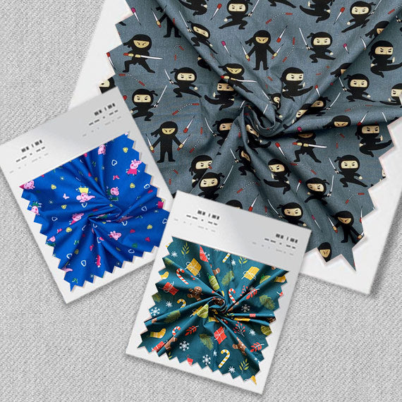 Fabric swatches with cute characters and icons for matching pyjamas