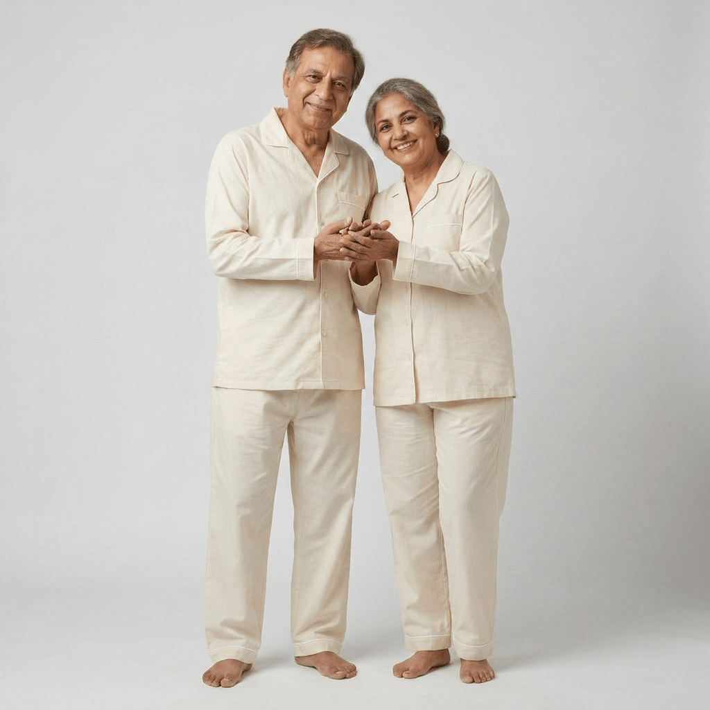 Grandma and grandpa in matching Ivory Cream full-sleeve night suit