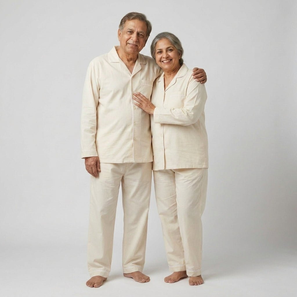 Dada and dadi twinning in Ivory Cream full-sleeve night suit by Pajama Tribe