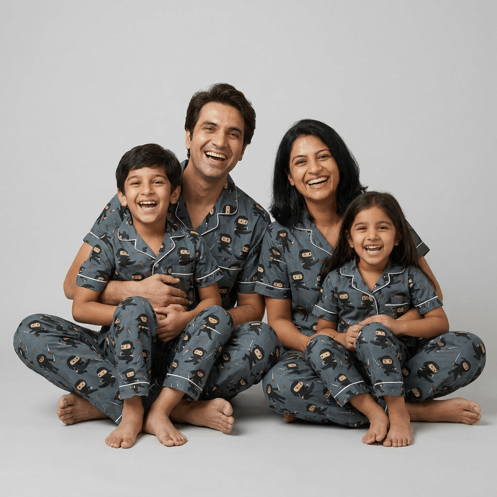 The whole family in matching Karate Kid half-sleeve night suit