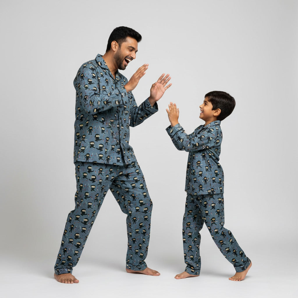 Father and son wearing Karate Kid matching pajamas, action-themed coordinated nightwear.