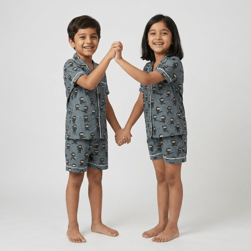 Big sib and little sib twinning in Karate Kid Kids night suit by Pajama Tribe