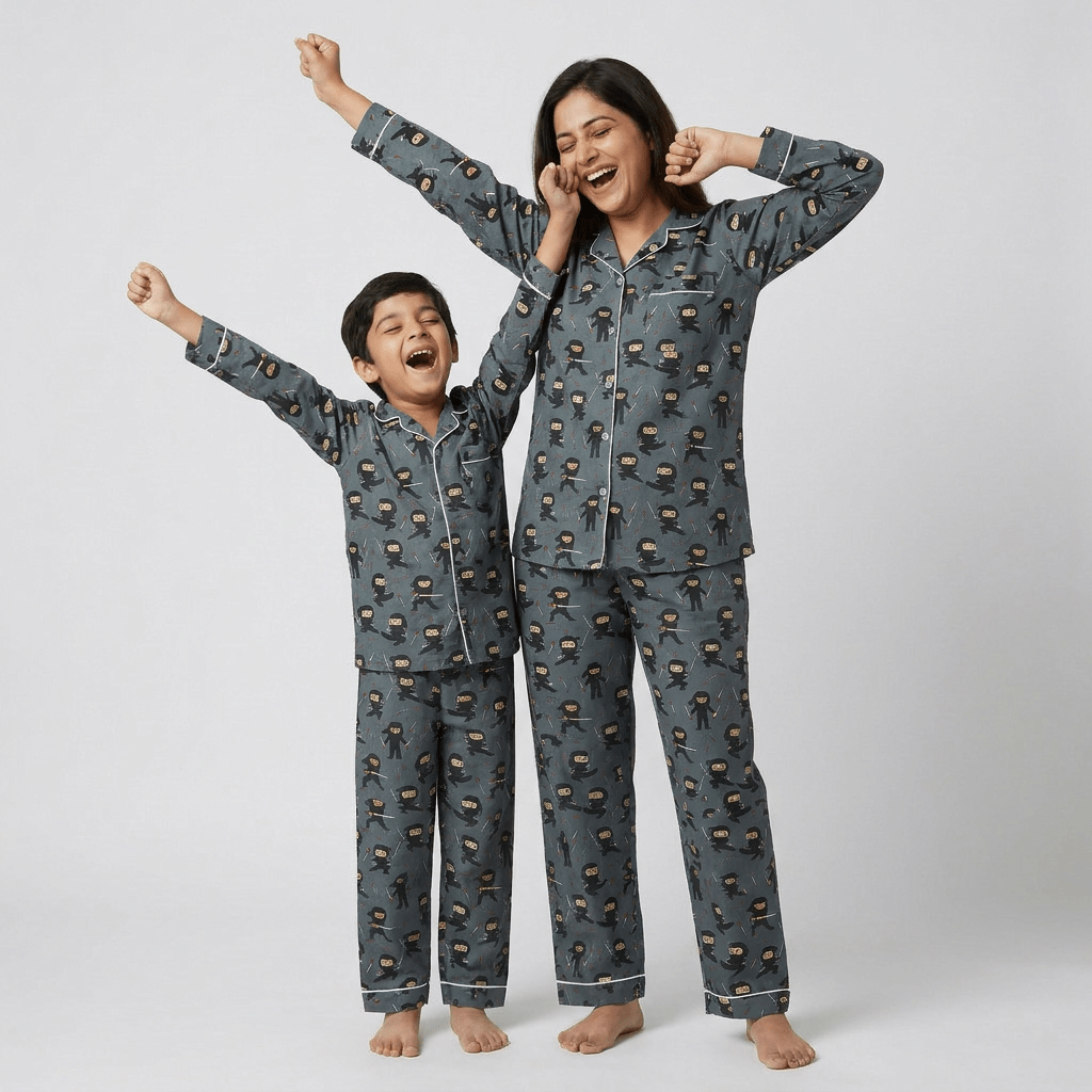 Mum and her boy twinning in Karate Kid full-sleeve night suit by Pajama Tribe