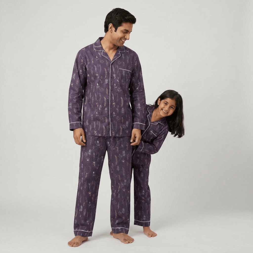 Matching Lavender Farm full-sleeve night suit for dad and daughter
