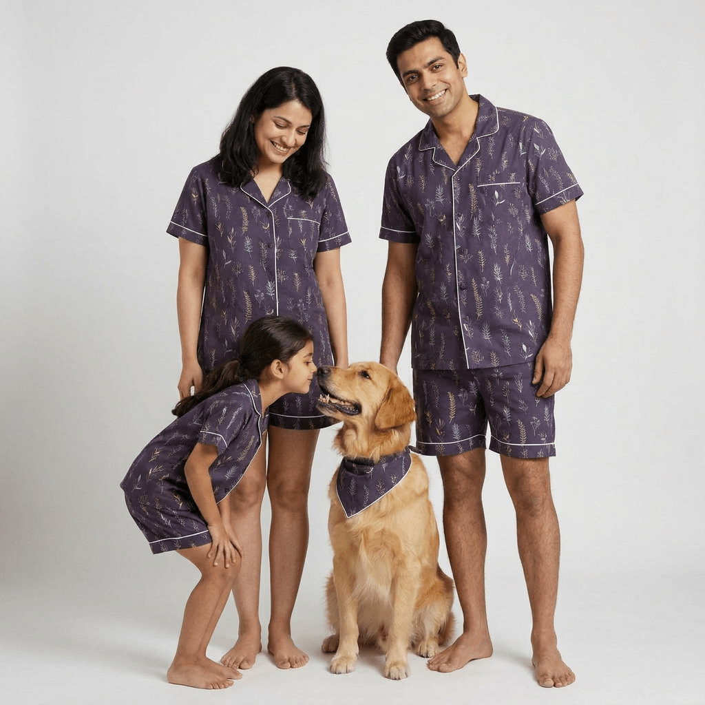Lavender Farm matching family pajamas worn together