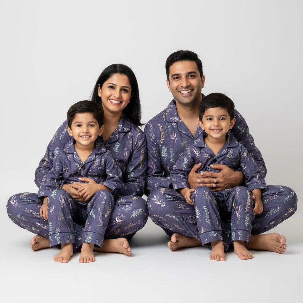 Family wearing lavender farm matching pajama set, pastel coordinated nightwear.