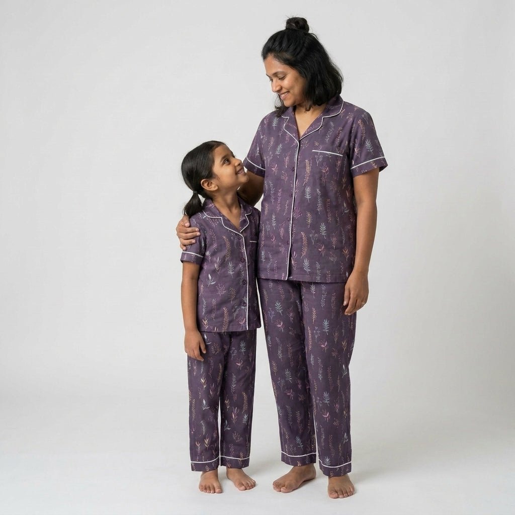Mom and daughter in matching Lavender Farm half-sleeve night suit