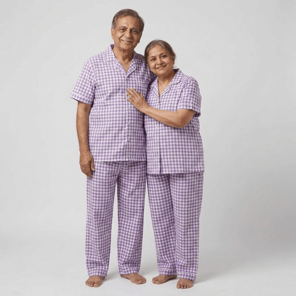 Lavender Gingham grandparents matching night suit worn together