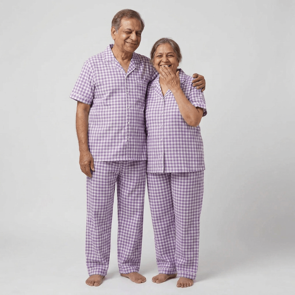 Matching Lavender Gingham half-sleeve night suit for nana and nani