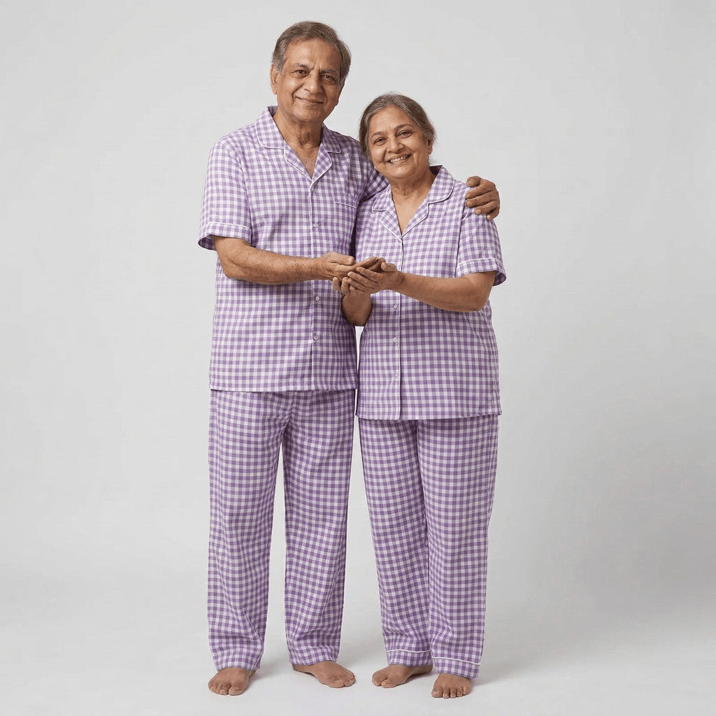 Dada and dadi twinning in Lavender Gingham half-sleeve night suit by Pajama Tribe